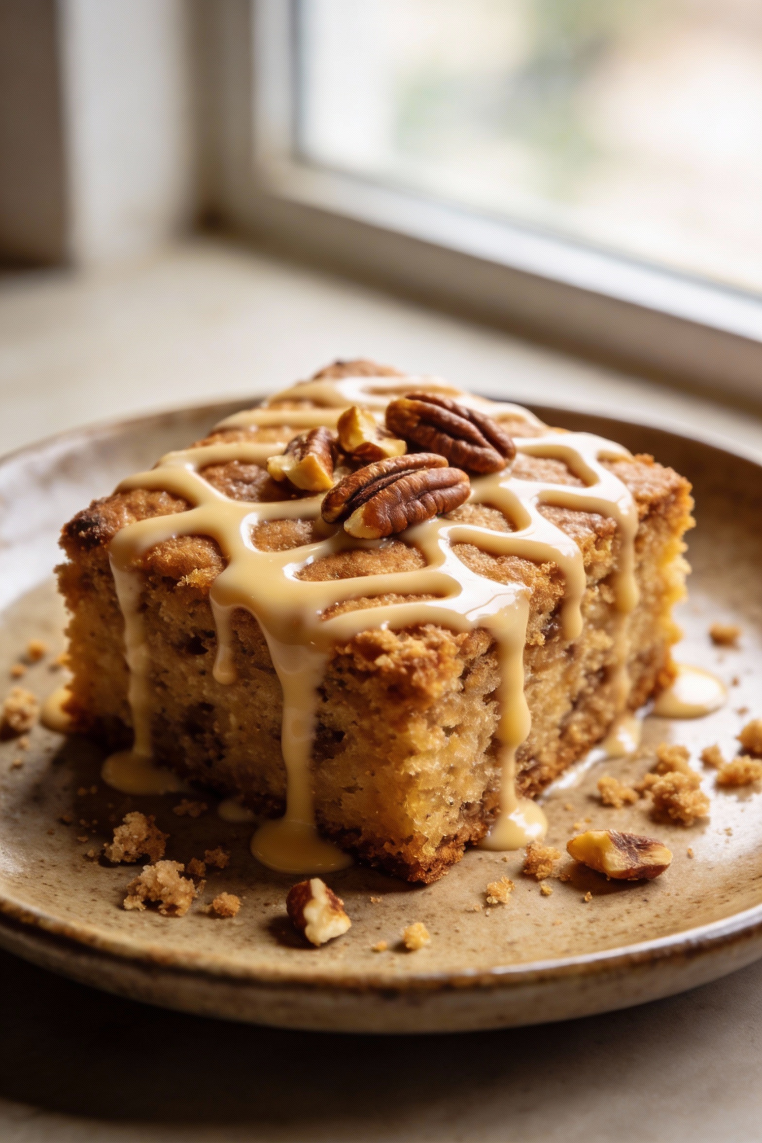 4. Final plated dish: neatly cut coffee cake square on a matte ceramic plate with a glossy vanilla glaze drizzle and a f