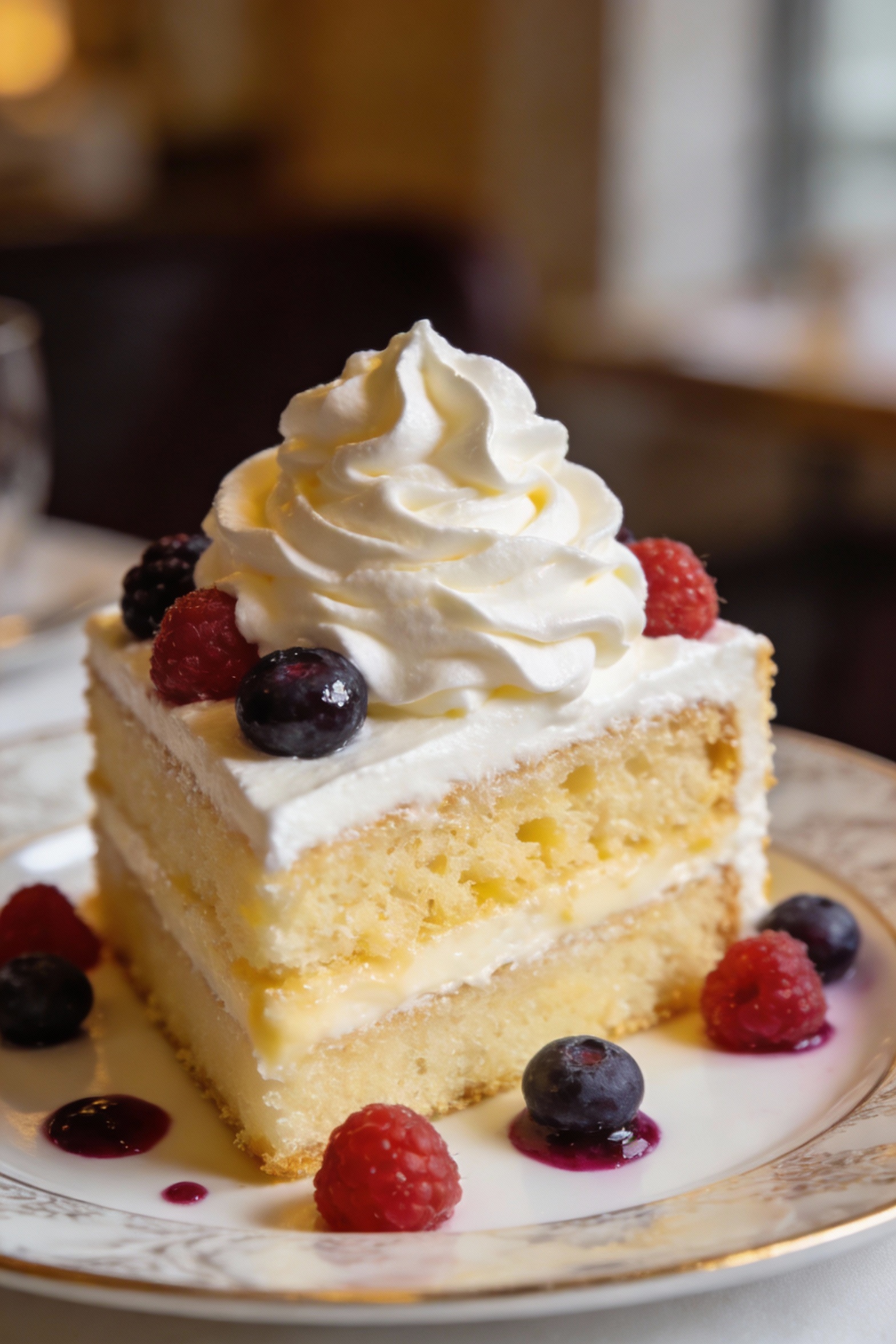 Beautifully plated vanilla layer cake slice with thick buttercream swirls and a scattering of fresh berries, soft butter