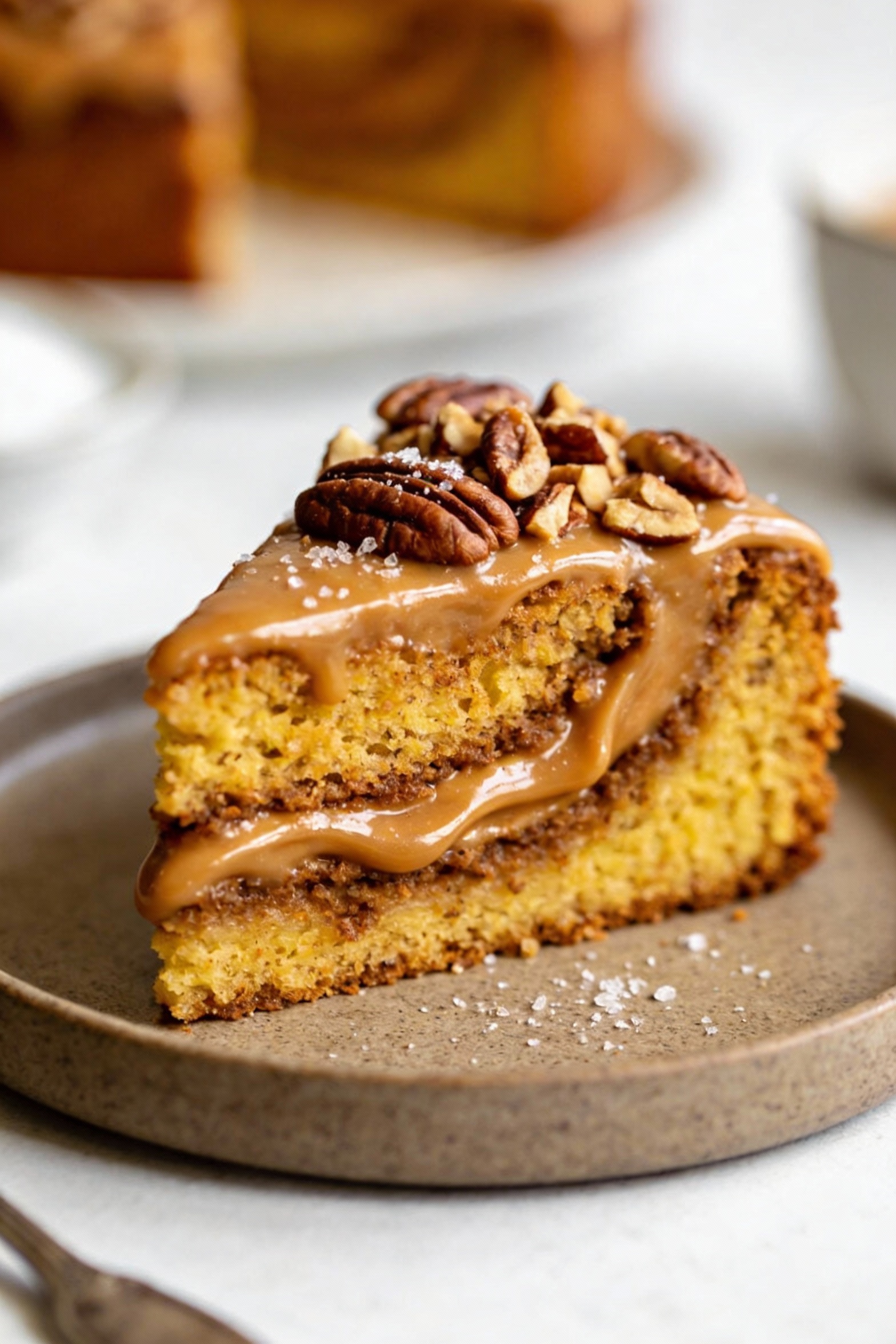Final plated dish of spiced caramel comfort cake slice: yellow cake with cinnamon-nutmeg warmth, thick caramel swirl rib