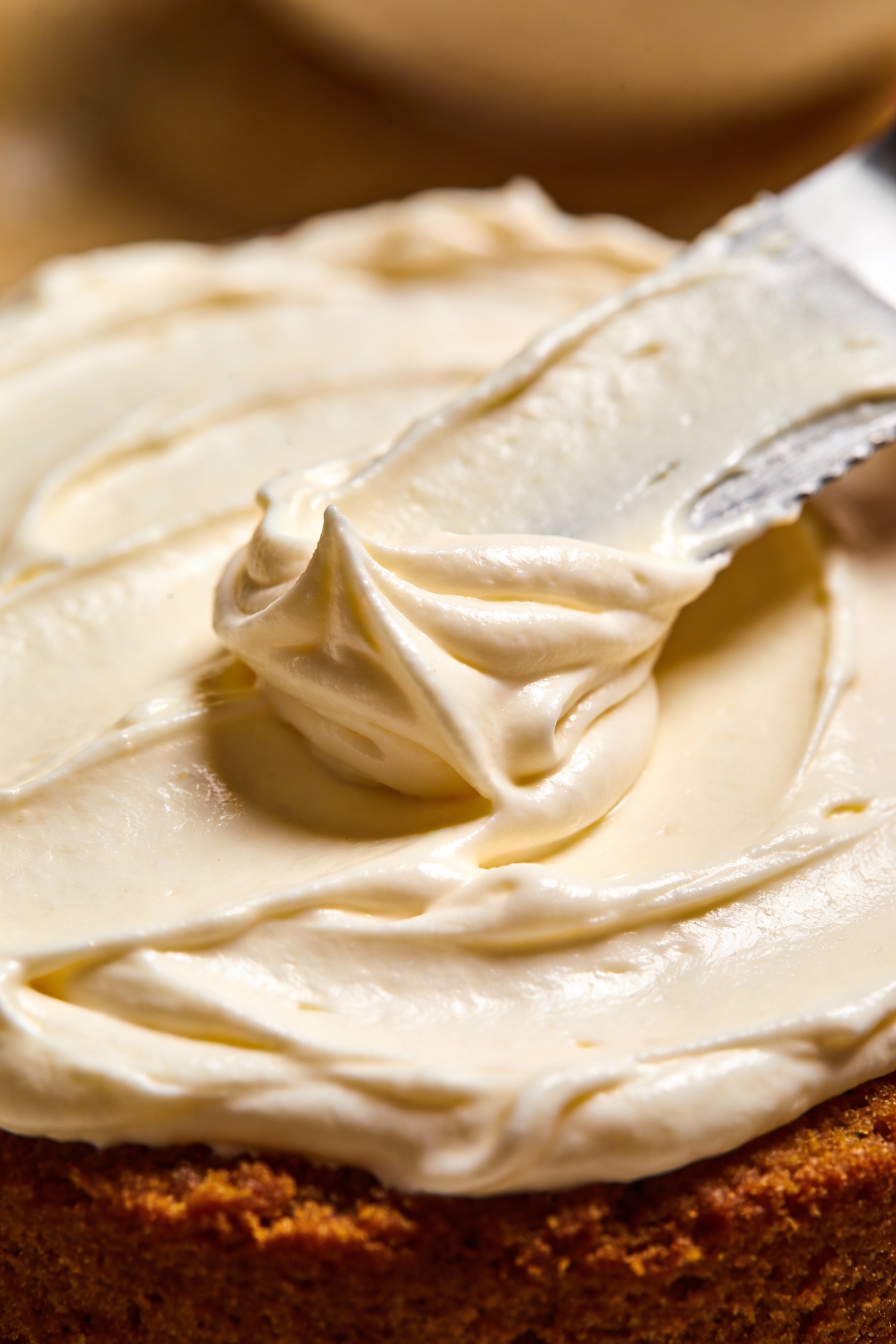 Close-up detail of cream cheese frosting being spread into silky swoops over the top of the spice cake, glossy texture w