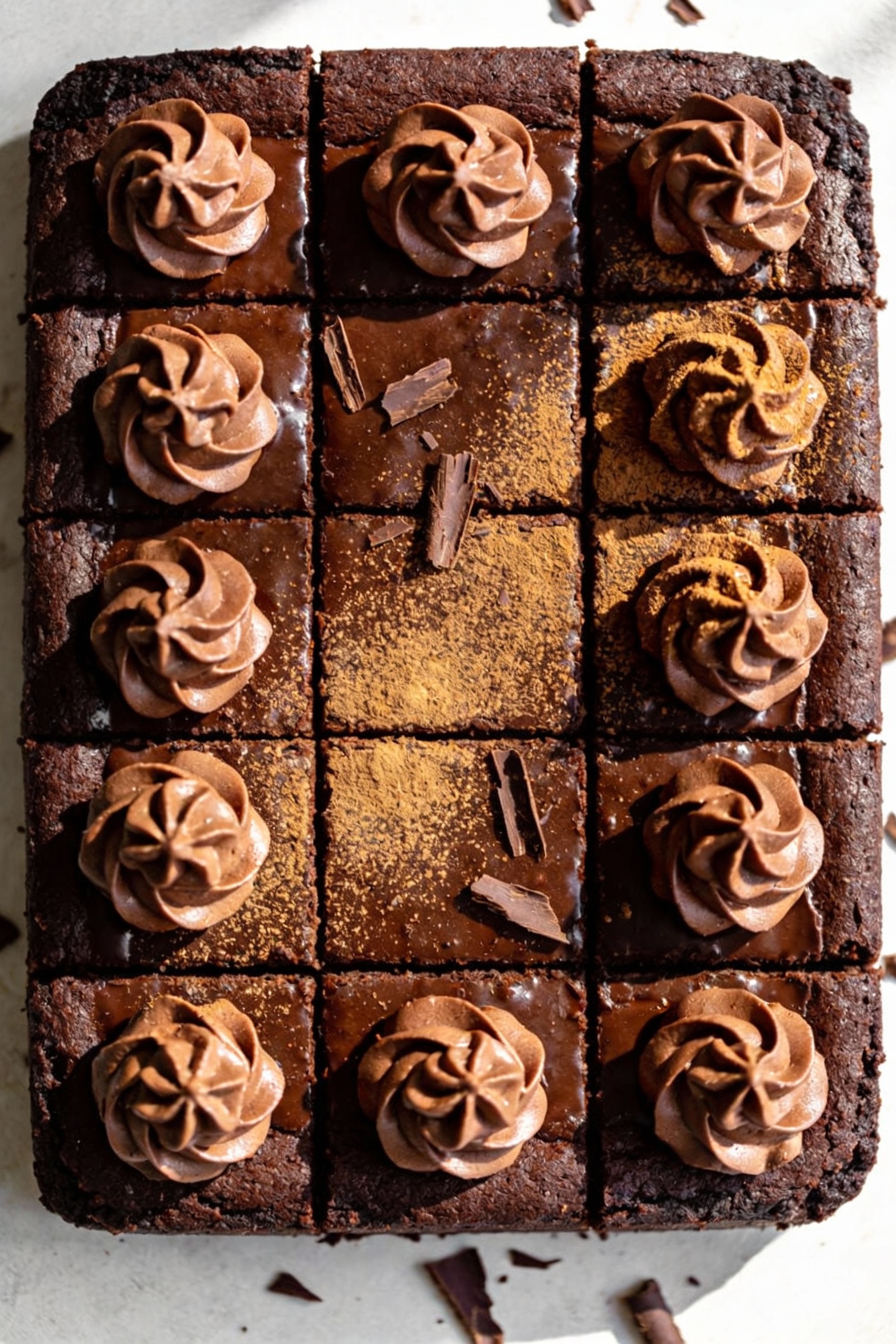 Tasty top view of chocolate fudge sheet cake cut into neat squares, cocoa-dark crumb and chocolate buttercream swirls, s