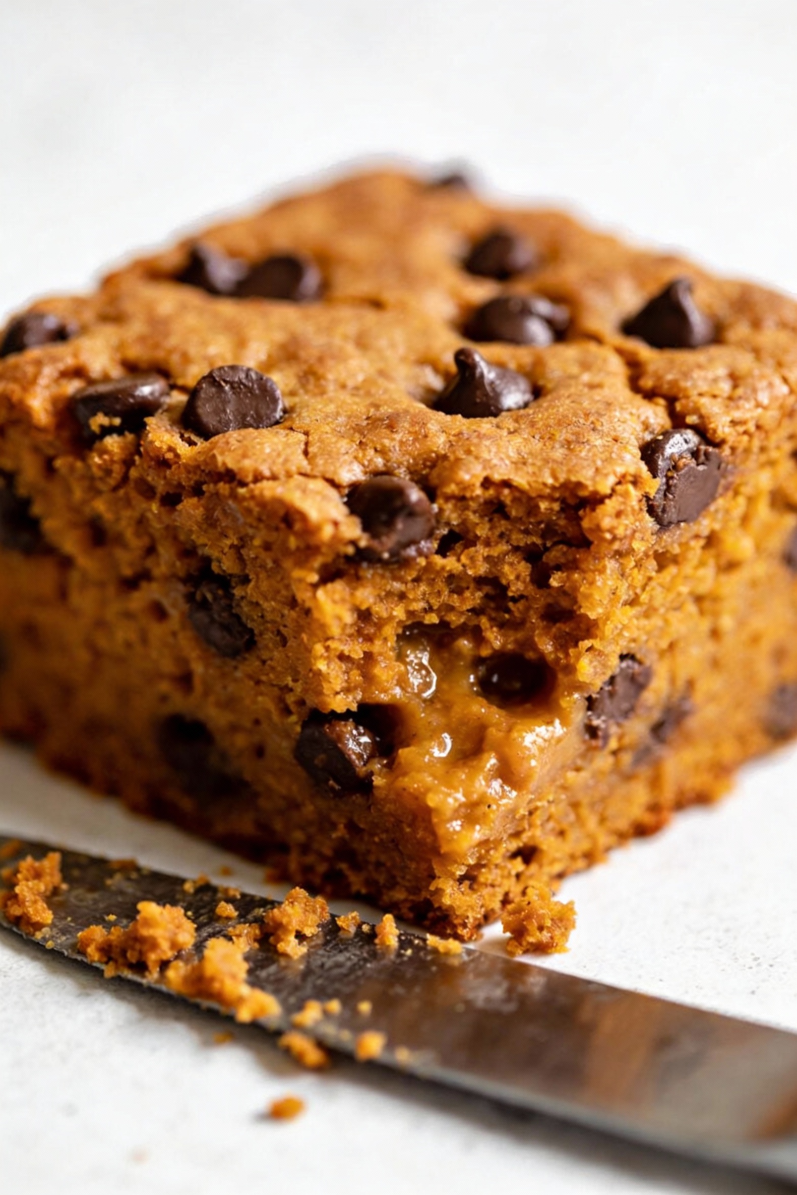 Close-up of a cut cake square showing tender pumpkin crumb studded with chocolate chips, slightly melty pockets and mois