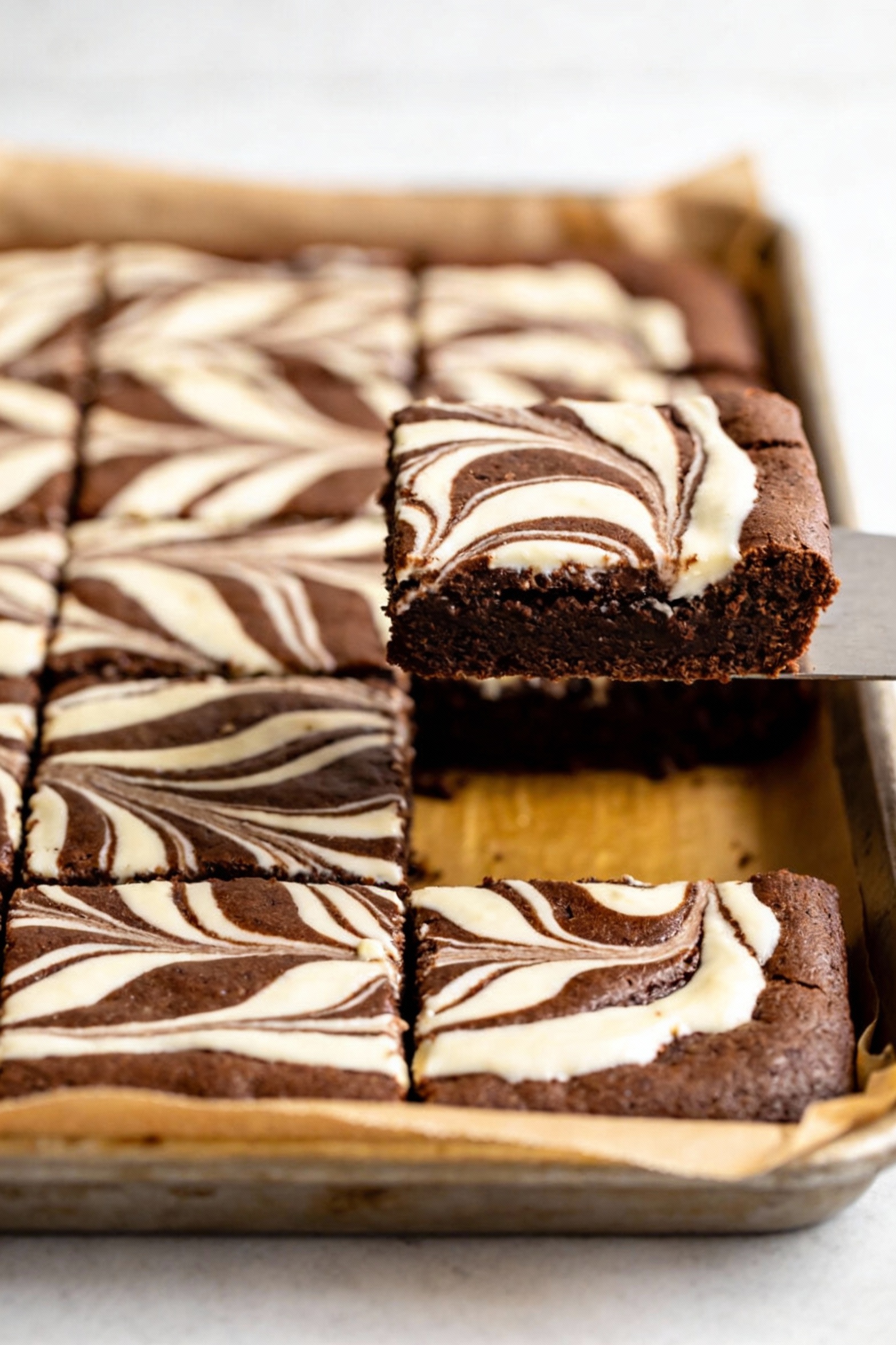 Cream cheese swirl bars cooling in a parchment-lined 9x13 pan, dramatic marbled cream cheese swirls across the golden su