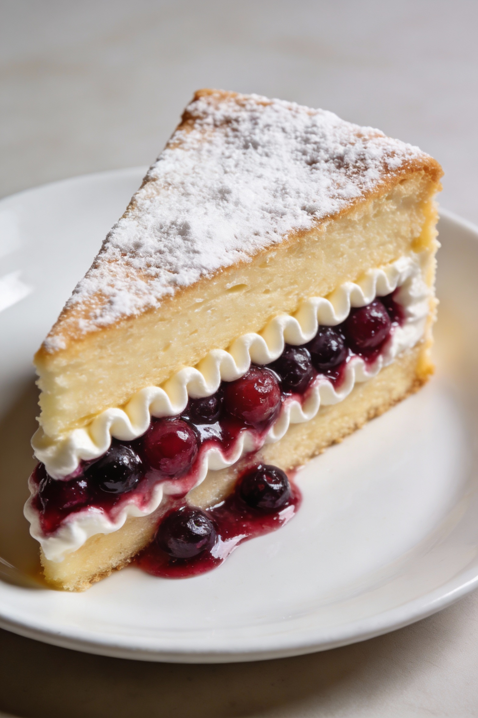 Final dish presentation: a tall slice of vanilla layer cake plated on a white ceramic dessert plate, distinct berry comp