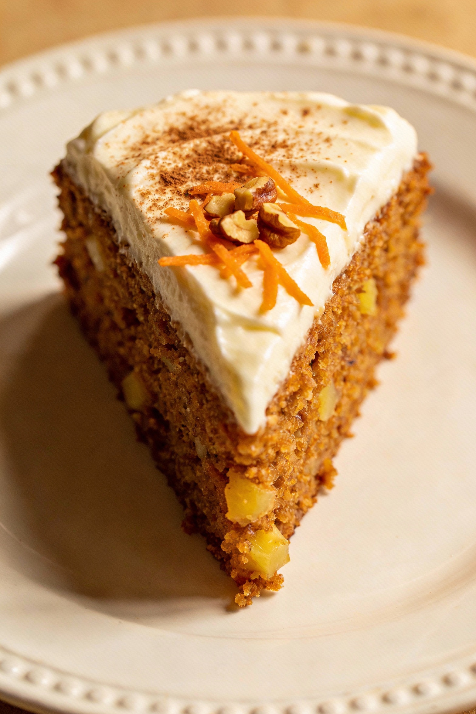 Beautifully plated gluten-free carrot spice cake slice with thick cream cheese frosting, cinnamon-dusted top, visible sh