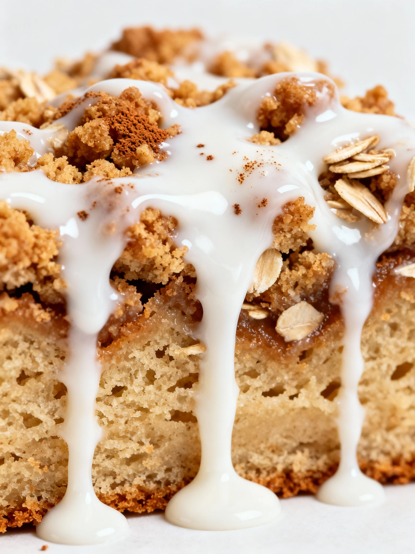 Macro shot of coconut milk glaze drizzled over the cooled streusel top, glossy white ribbons pooling in crevices, cinnam