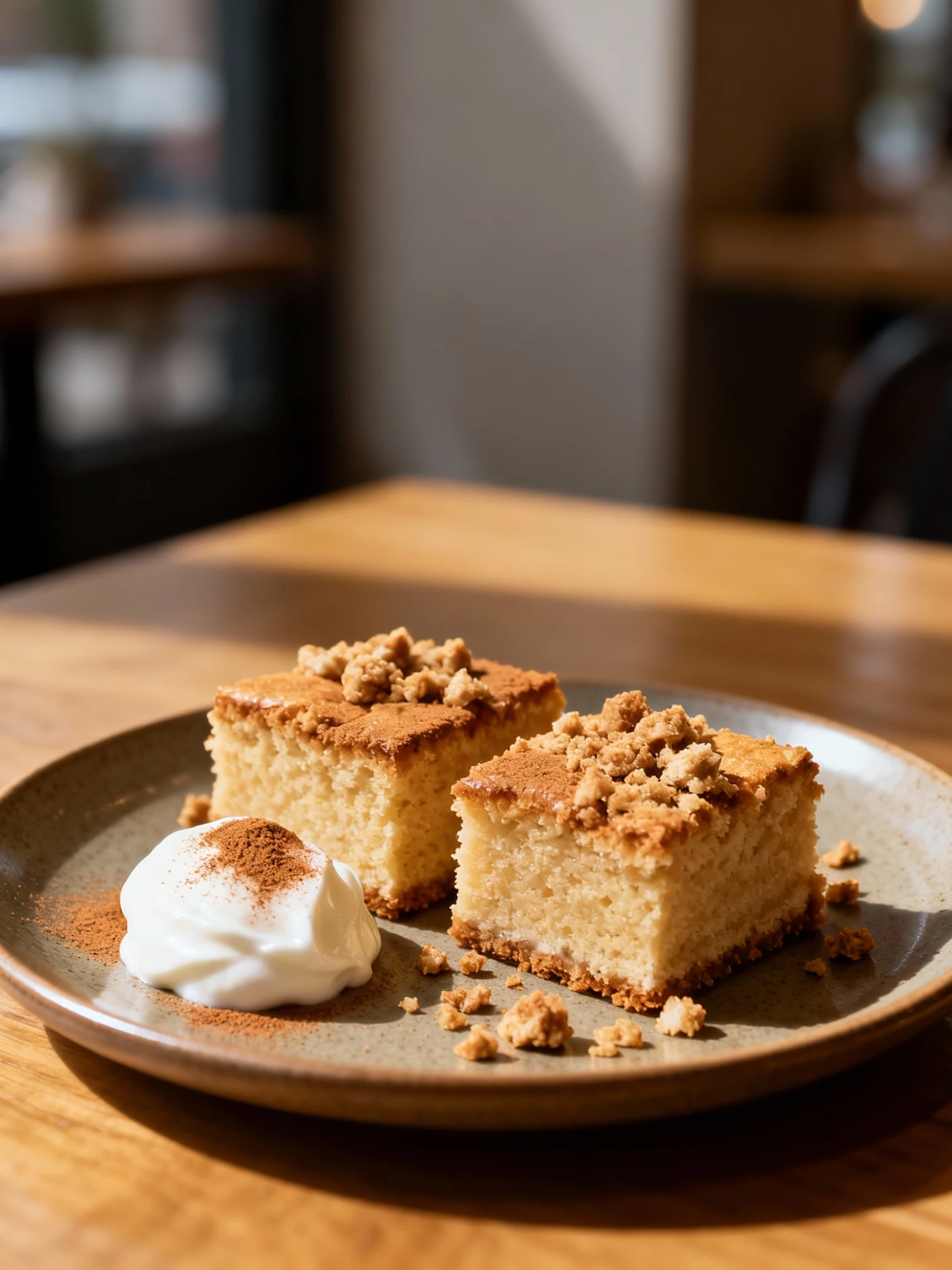 Final plated dish: two neat coffee cake squares on a matte ceramic plate with a small dollop of coconut yogurt and a lig