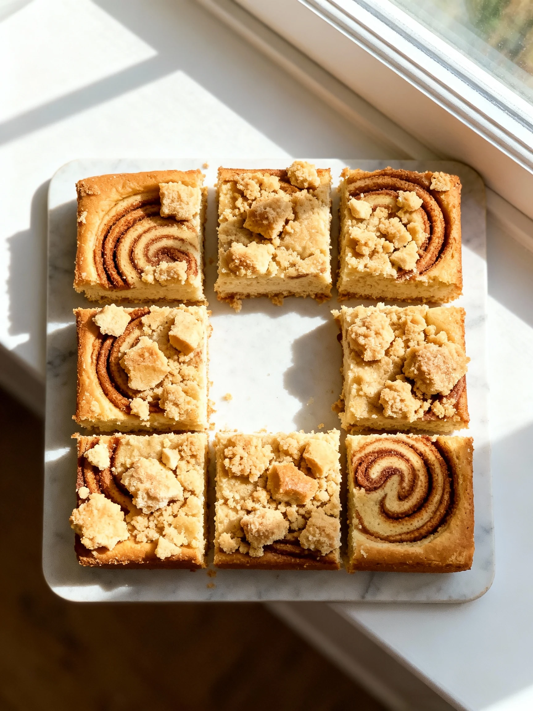 Overhead shot of a serving board with several cut squares arranged in a grid, varied streusel chunk sizes and cinnamon s